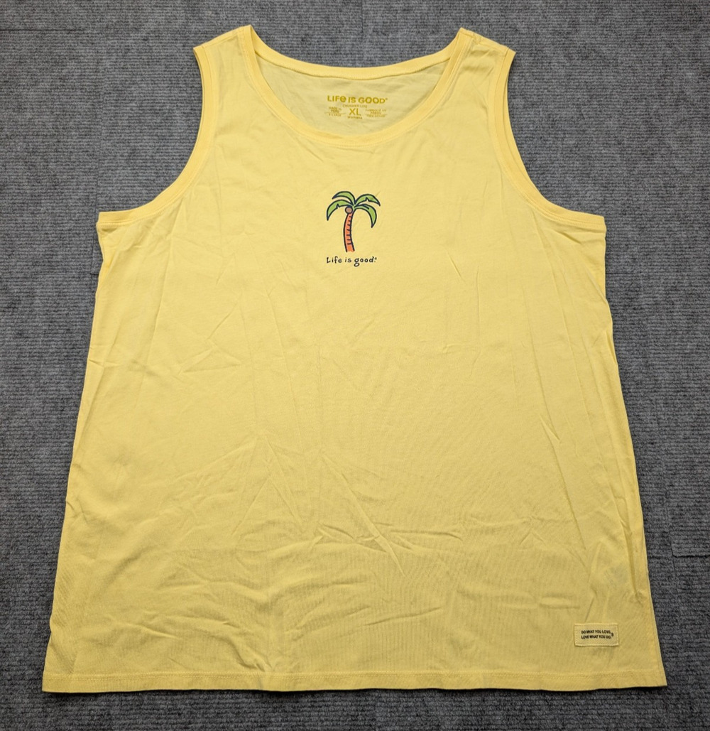 Life Is Good Tank Top Womens XL Crusher Lite Palm Tree Yellow Graphic Vacation